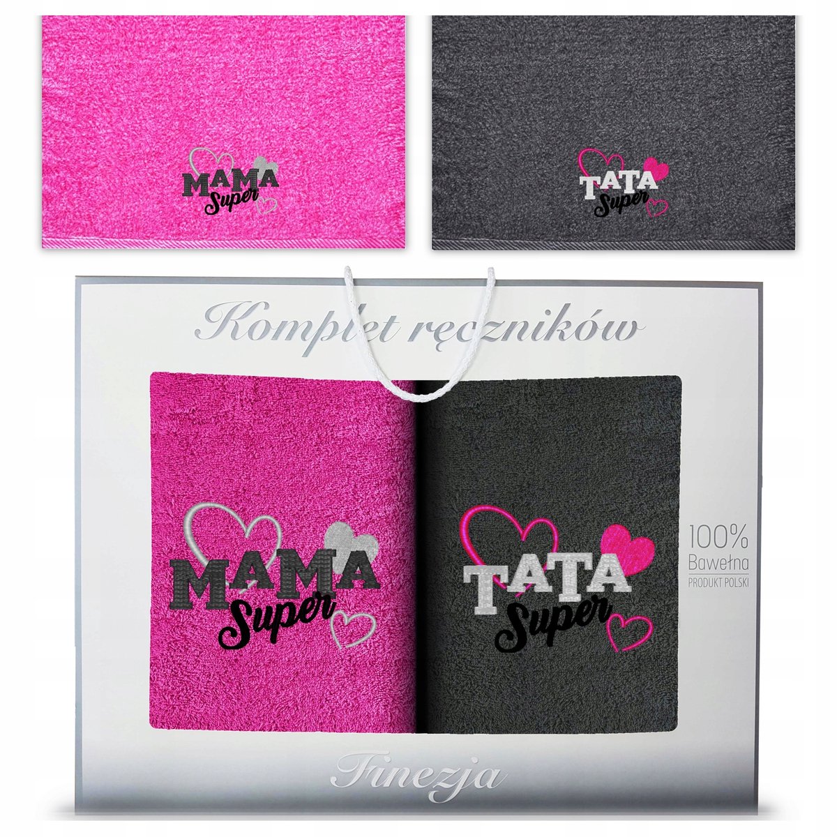 KONEY - Handdoekenset 2-delig - 70 x 140 cm - Fuchsia, Grafiet - met borduring Mama & Papa - in geschenkdoos
