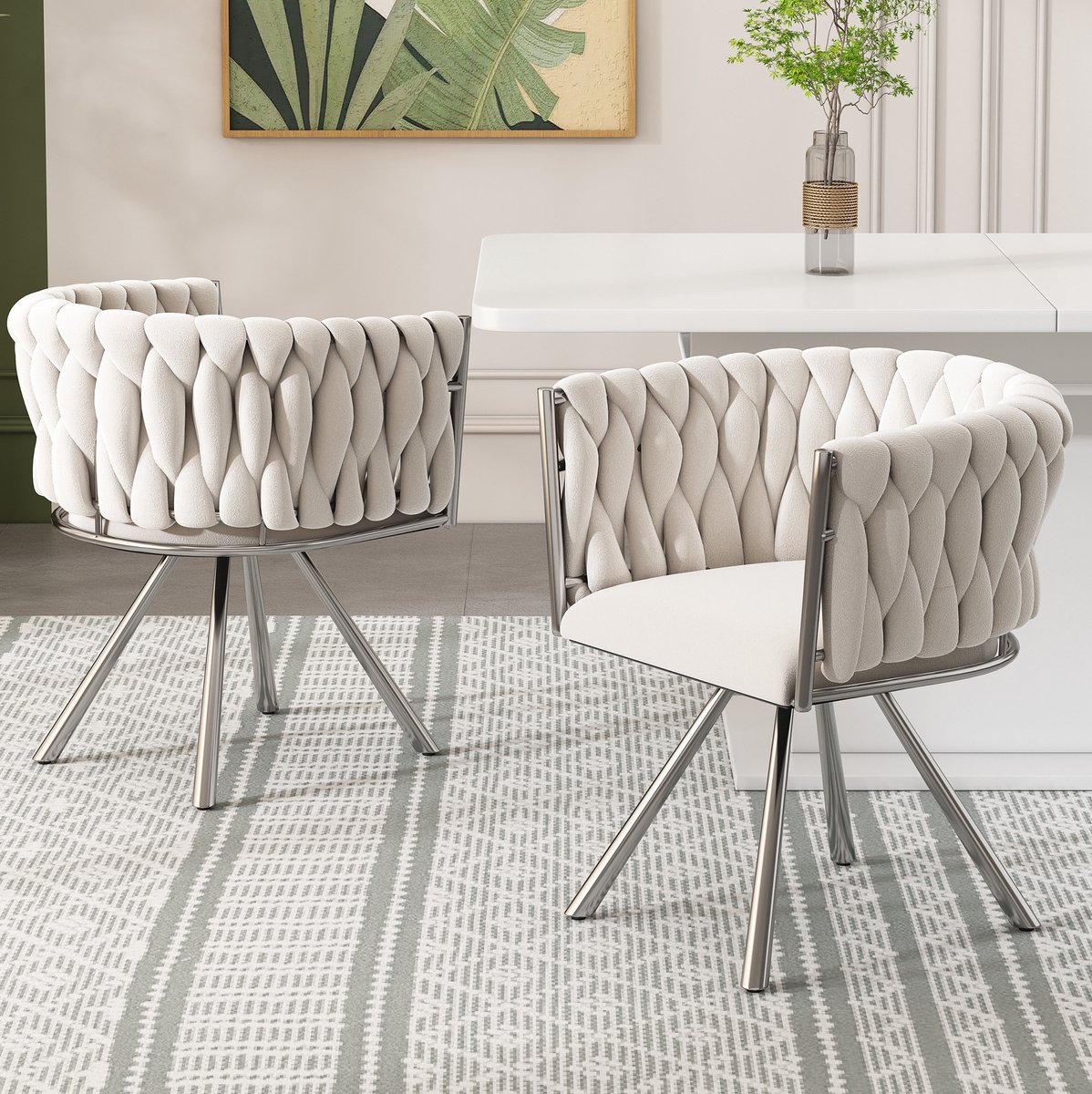 MEUNIQ Draaibare velvet eetkamerstoelen 59 x 54 x 72 cm met armleuningen en metalen vierpoots onderstel, set van 2 voor de eetkamer, beige en zilver