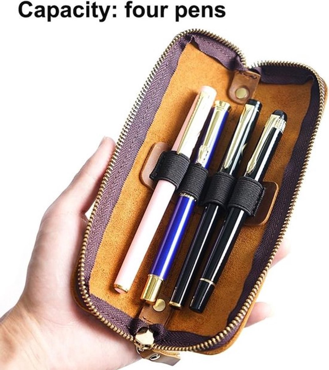 SnelShoppen - Vintage Leren Pennen Etui, Retro Pennenhouder met Rits voor Balpen, Vulpen en Kwasten, Bruin, 4 Penlussen, Perfect voor Thuis en Op Kant