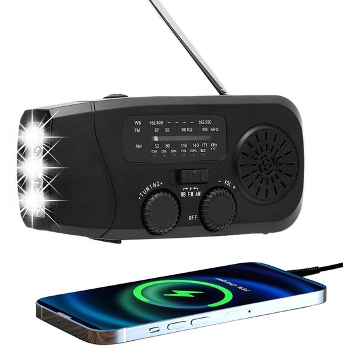 Noodradio met 2000mAh - Draagbare Radio - Solar/Onderdelen - 4 LED Zaklampen - SOS-functie - 3 Laadmethoden - Weerradio