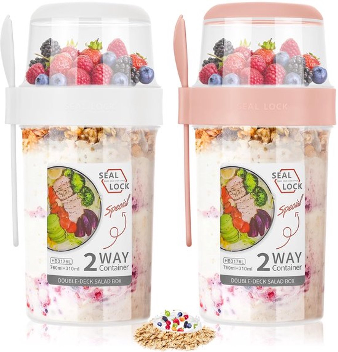 Overnight Oats Container 750ml/310ml - Yoghurtpotjes met Deksel - Herbruikbare Ontbijtpot - Granenbeker met Lepel - Duurzaam PP/Silicone - Makkelijk te Reinigen - Yoghurtpot
