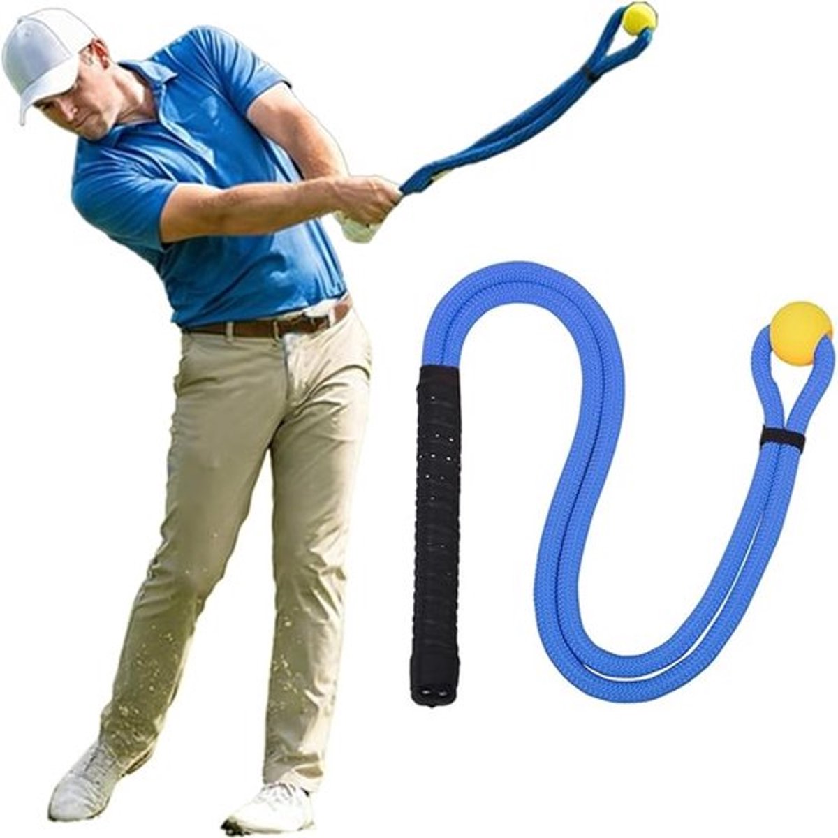 De Blue Golf Rope Swing Trainer is een professioneel trainingshulpmiddel dat is ontworpen om de swingsnelheid, het ritme, de flexibiliteit en de kracht te verbeteren. Geschikt voor warming-ups en oefeningen,