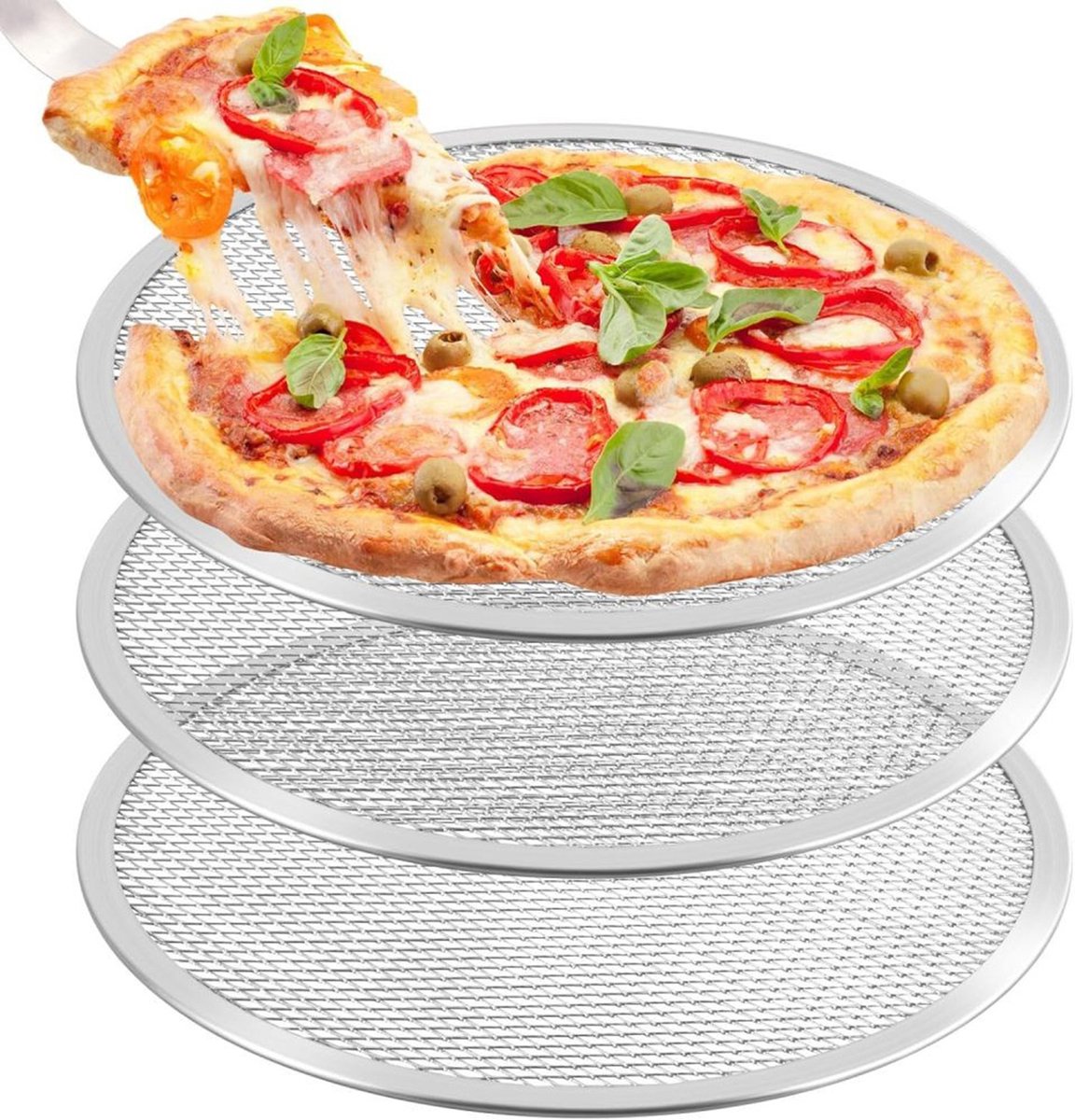 Pizzabakplaat - 3-pack - Pizzabakplaat - Ovenbestendige pizzabakplaat - Bakplaat met diamantmatje - Rond, verdikt - BBQ-rek - Pizzabakken - Professioneel bakken - 30 cm diameter - Aluminium - Zilver