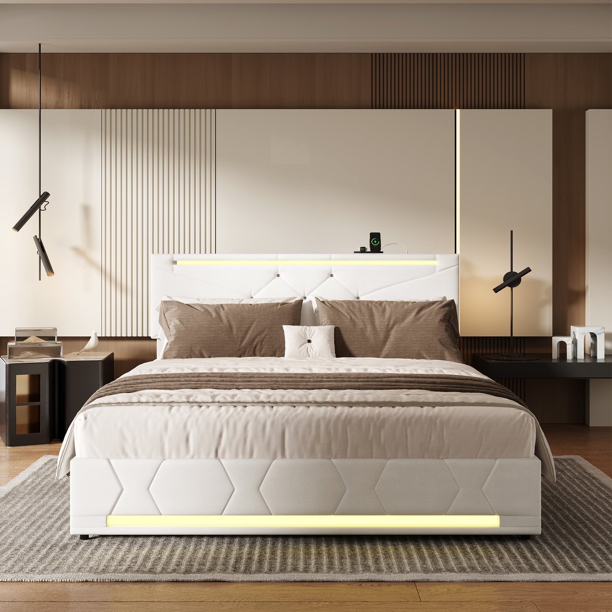 ROSAHQNDA Tweepersoonsbed 160x200 cm, volwassen opbergbed met gasveer, led verlichting aan hoofd- en voeteneinde, verstelbaar hoofdbord, linnen bedframe beige, zonder matras