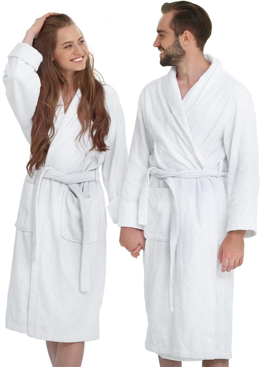 SnelShoppen - Badjas van badstof 100% katoen met capuchon - Unisex maat M - Witte badjas voor heren en dames - Ideaal voor thuis, sauna en zwembad