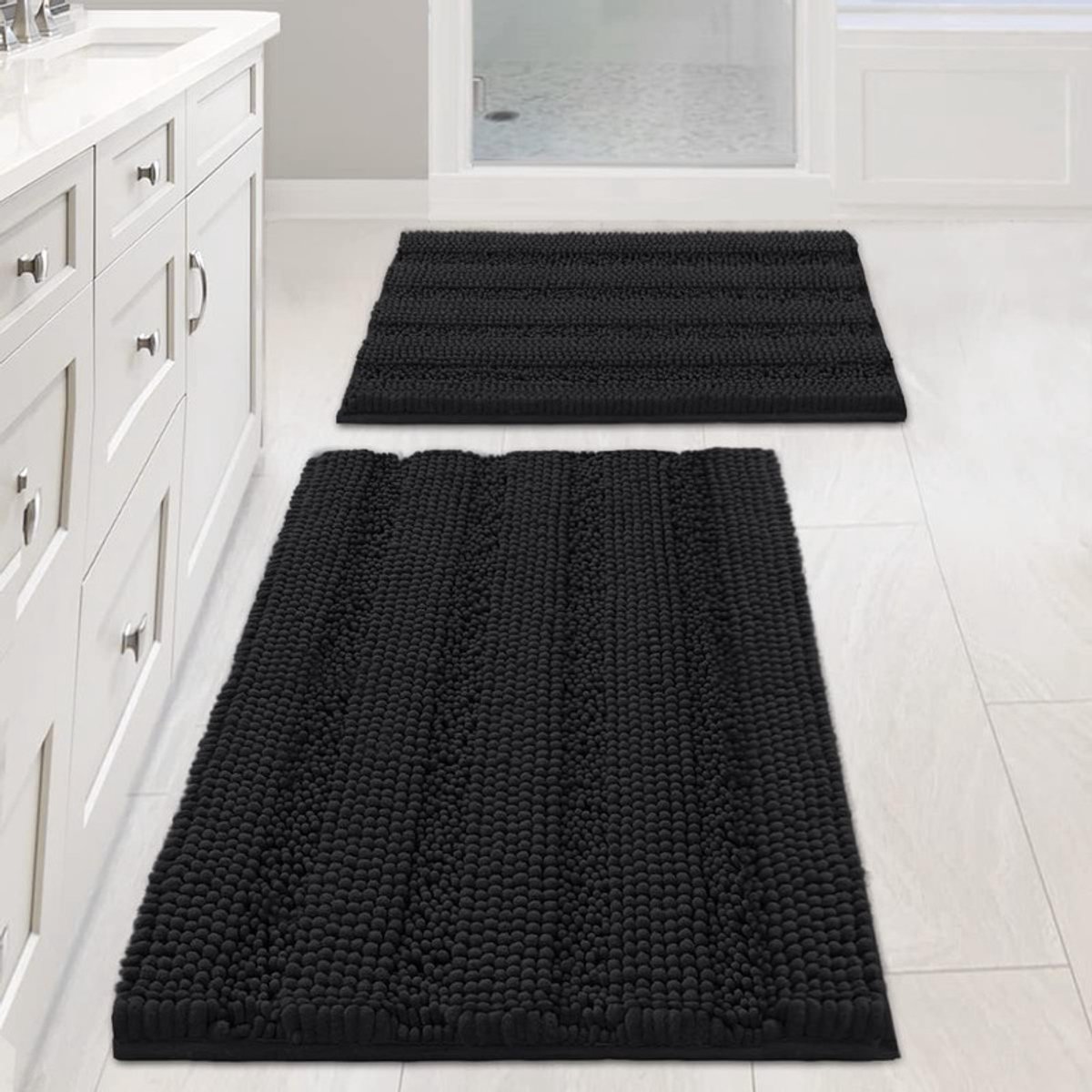 Badmatten Set 2-delig - Extra Dikke Chenille - 50x80 cm & 43x60 cm - Antislip & Superabsorberend - Machinewasbaar - Zwart