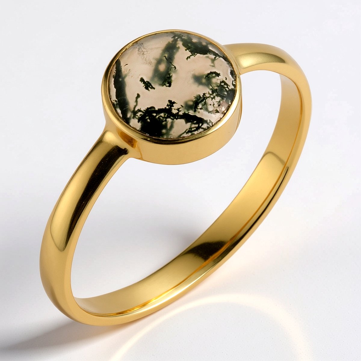 Cavill - 925 Sterling Zilver Ring - Verguld - 1,4 Ct Ronde Groene Mosagaat - Handgemaakte Natuurlijke Edelsteen Ring - Elegant Design