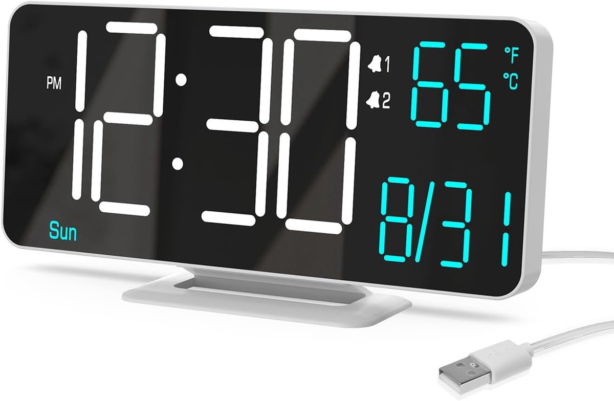 Digitale klok 17 cm - witte wekker met kalender - dual alarm en temperatuur - ideaal voor slaapkamer - ShopVlot