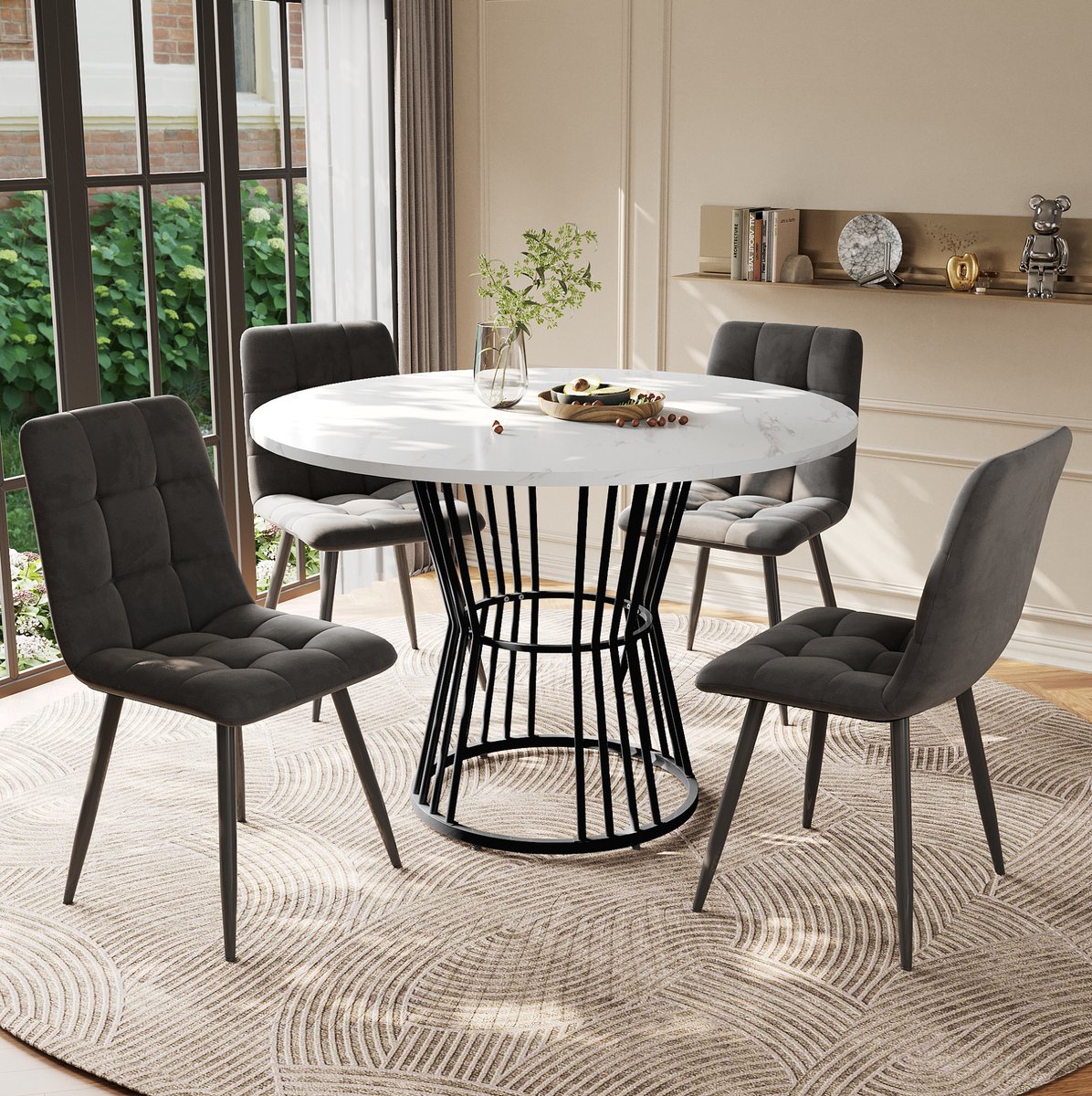 MEUNIQ 5-delige eetkamerset met ronde eettafel 100 cm en 4 stoelen, witte MDF-tafel met marmereffect, zwart metalen onderstel en donkergrijze velvet eetkamerstoelen