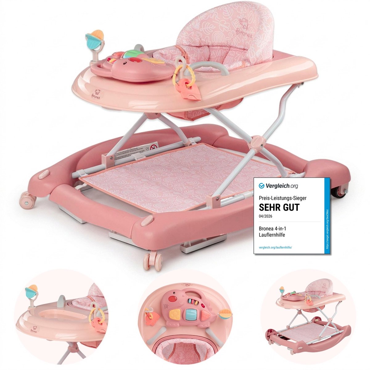 BRONEA® 5-in-1 Loopstoeltje voor baby's | Babywalker met schommelfunctie, muziek & licht | Afneembaar speelpaneel | Loopstoel in hoogte verstelbaar & inklapbaar