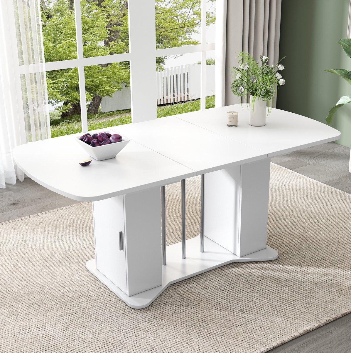 MEUNIQ Uittrekbare eettafel 160 x 80 x 75 cm met opbergruimte, modern design, wit, geschik