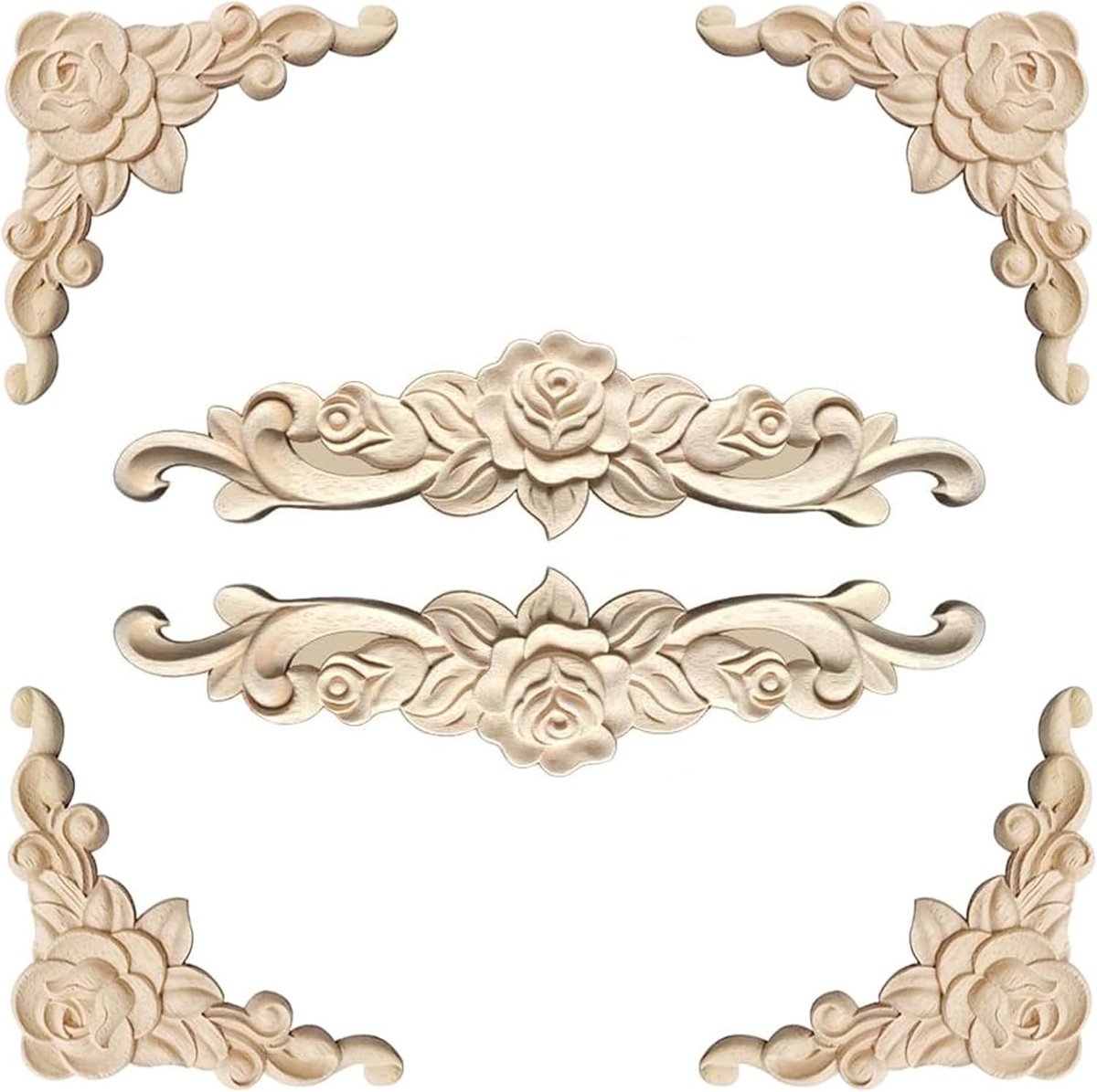 Decoratieve houten schijven - 6 stuks voor meubels, hoeken en lange toepassingen met rozenmotieven