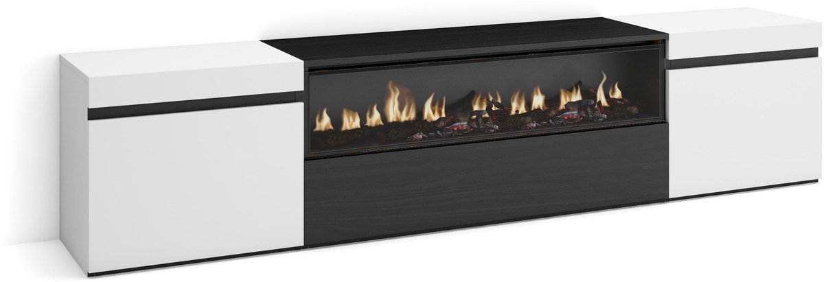 SnelShoppen - Skraut Home TV-kast met Elektrische Open Haard, Modern TV-meubel in Zwart en Wit, Opslag voor TV's tot 203 cm, 200 x 45 x 35 cm, Perfect