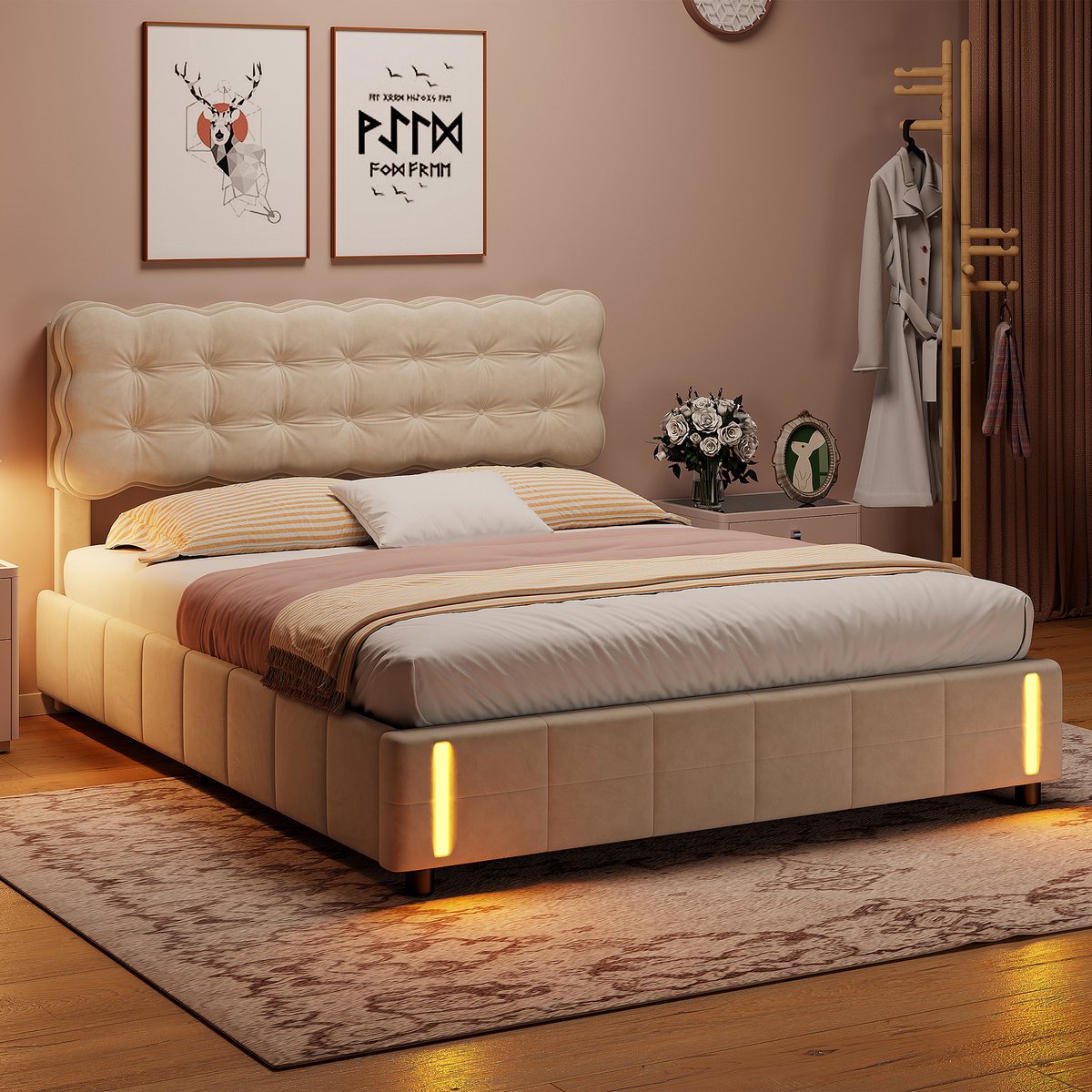 Tweepersoonsbed 140x200 cm, volwassen bed met gasveer opbergruimte en sensor led verlichting, luxe fluwelen bedframe met voeteneinde lamp, beige, zonder matras