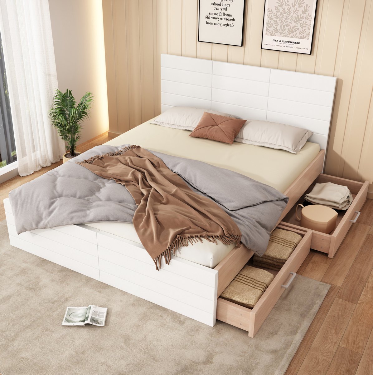 COVREO Bedframe 140x200 cm wit eikenlook met opberglades zonder matras