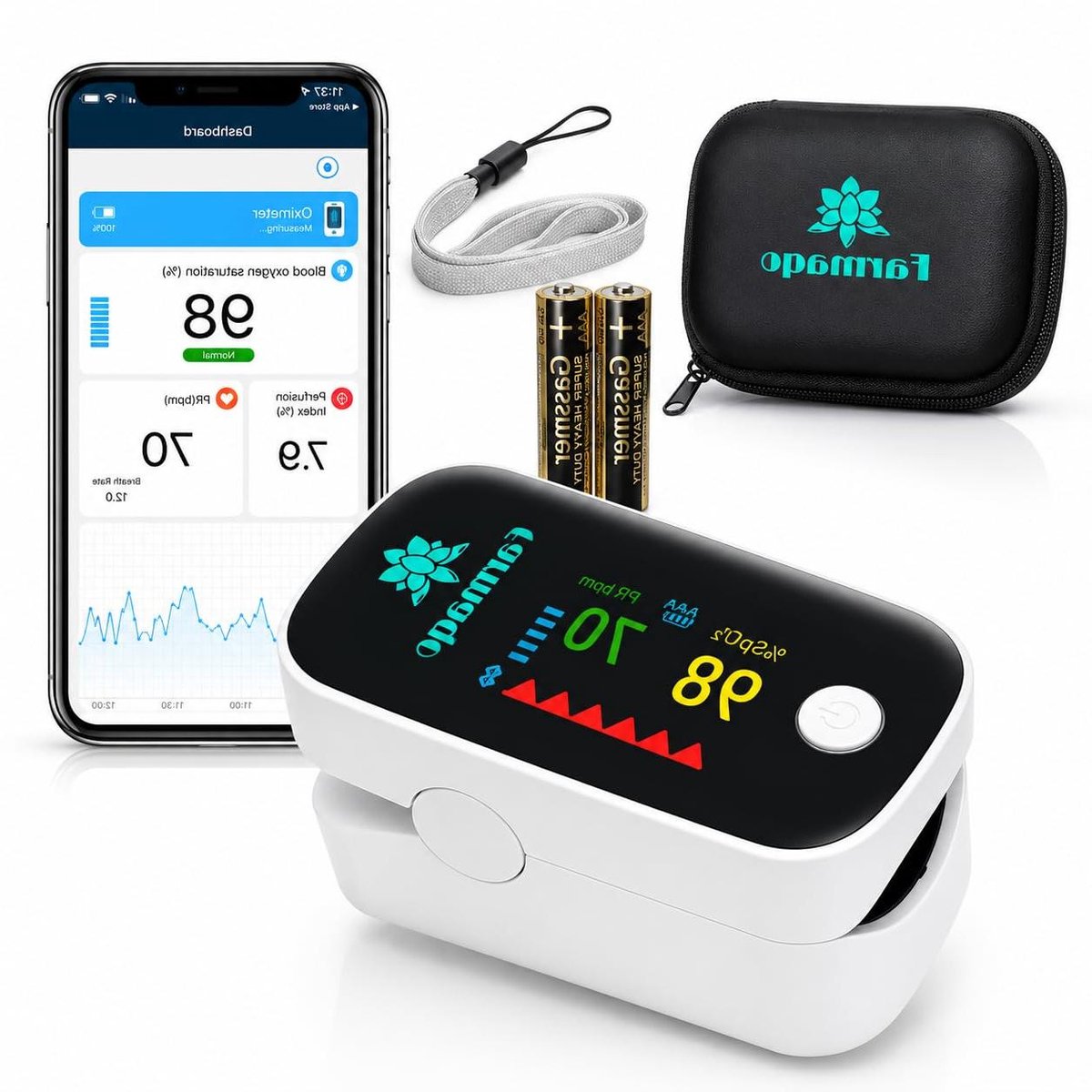 Vingertop Saturatiemeter - Pulsoximeter Hartslagmeter - Gezondheid Monitoren - Bluetooth App Connectie - 8 Sec Resultaat - Wit Grijs