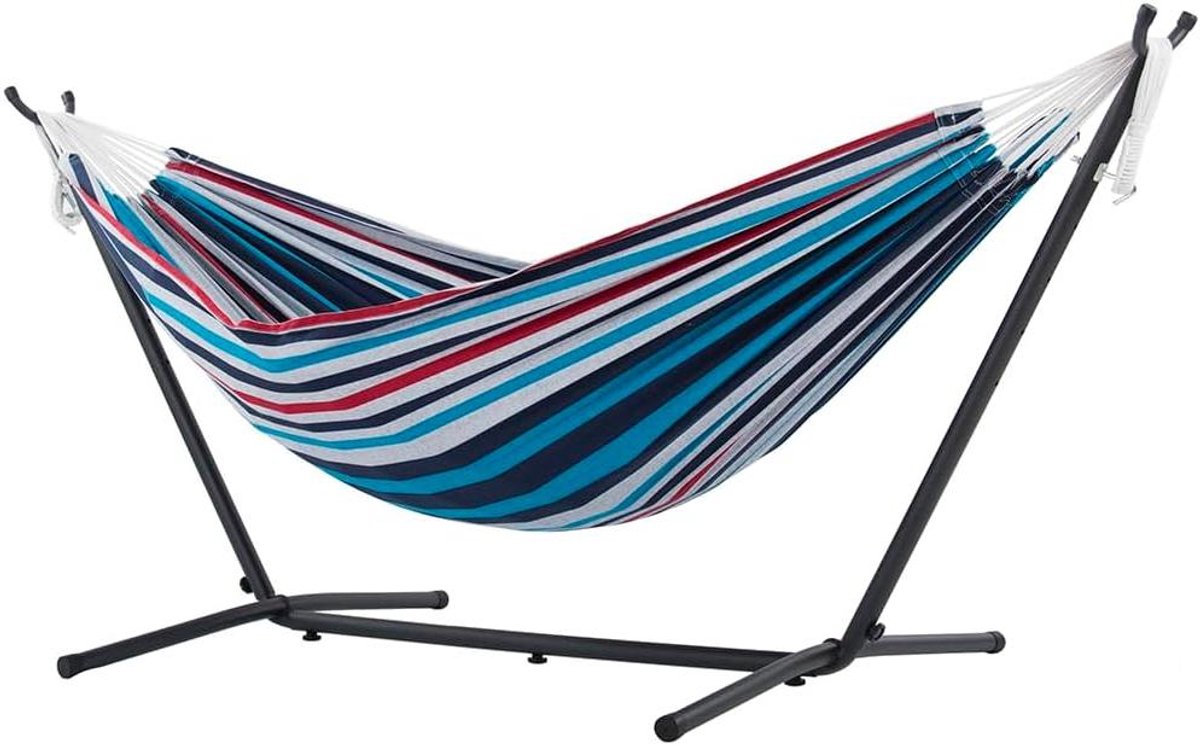 Katoenen hangmat - Dubbele hangmat - Ontspannen in tuin - Met draagbare standaard - 250 cm - Denim