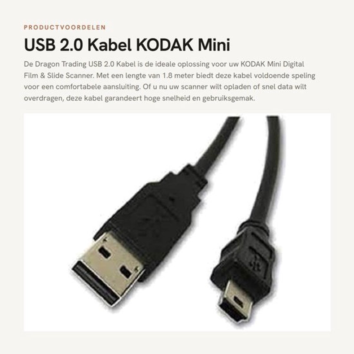 USB 2.0 Kabel - KODAK Mini Film en Slide Scanner - 1.8m - Hoge snelheid - Betrouwbare verbinding - Duurzaam materiaal - Geschikt voor dig...