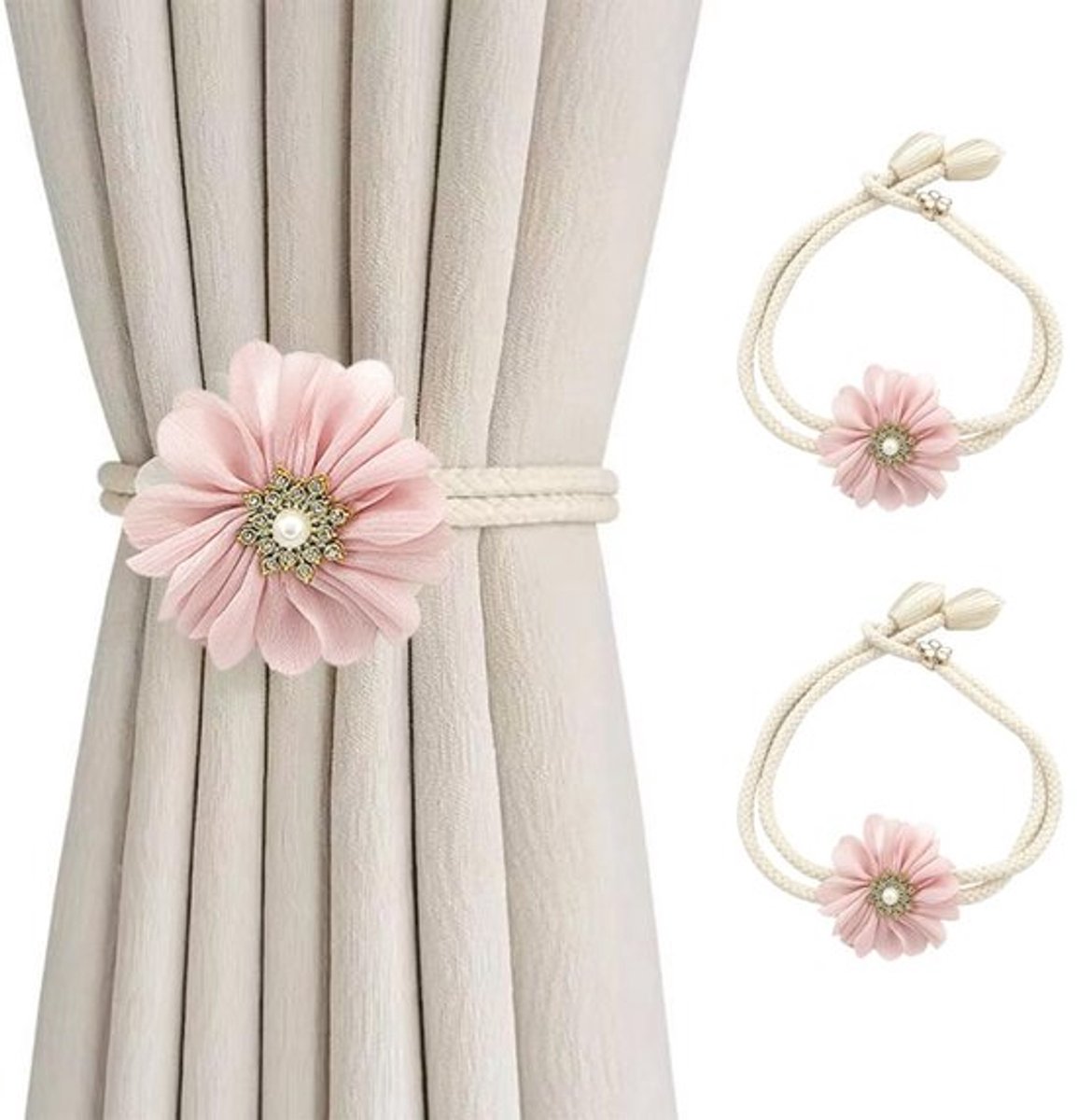 Gordijnbinders 2 Stuks - Verstelbare Gordijnhouders - 3D-Stoffen Bloemen - Elegante Strikruggen - Romantische Decoratie - Eenvoudige Installatie