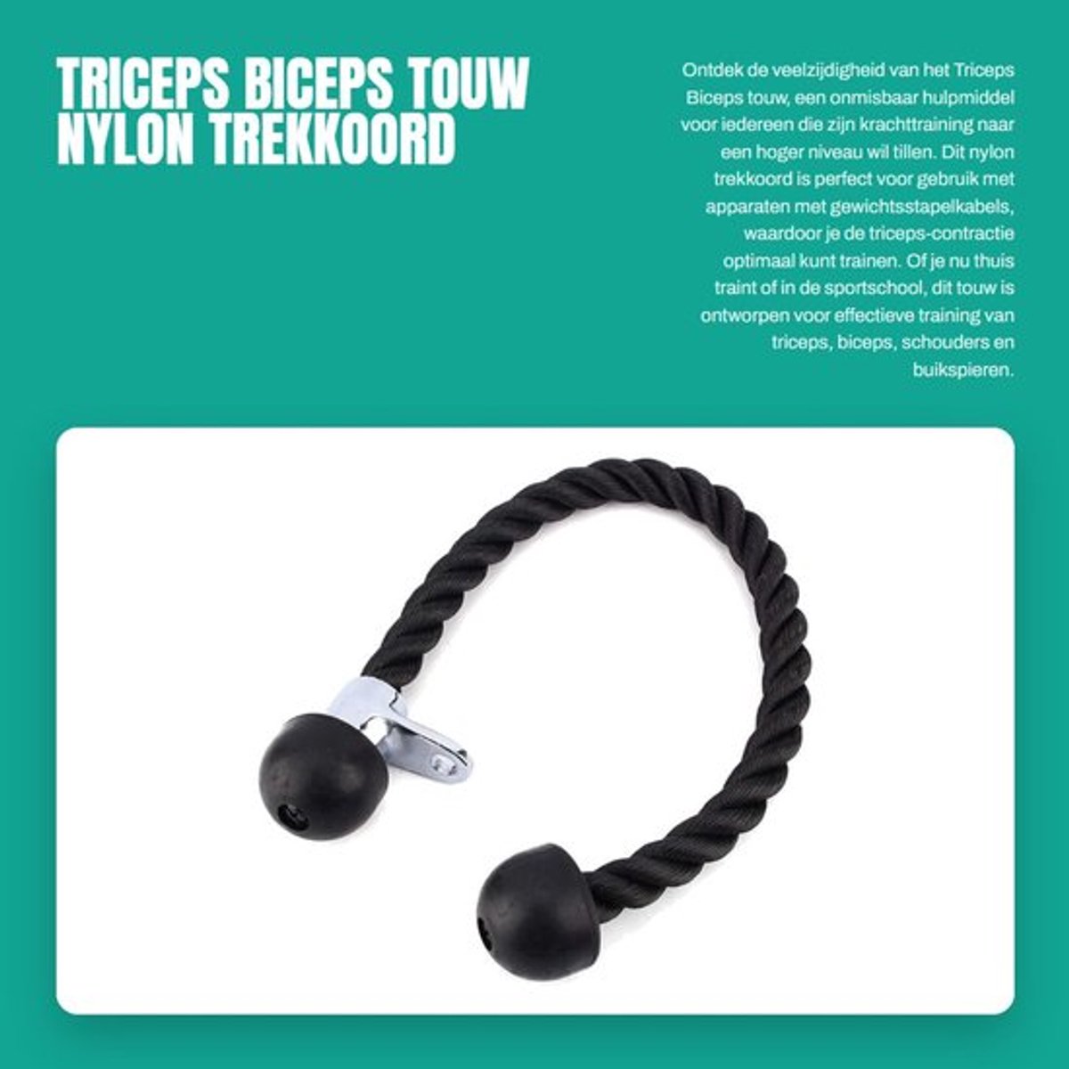Tricepstouw 70 cm - Zwaar gevlochten nylon - Kabeltrekhendel - Antislip rubberen uiteinden - Geschikt voor multigym - Optimaliseer triceps-contractie - Kabeltrekaccessoire