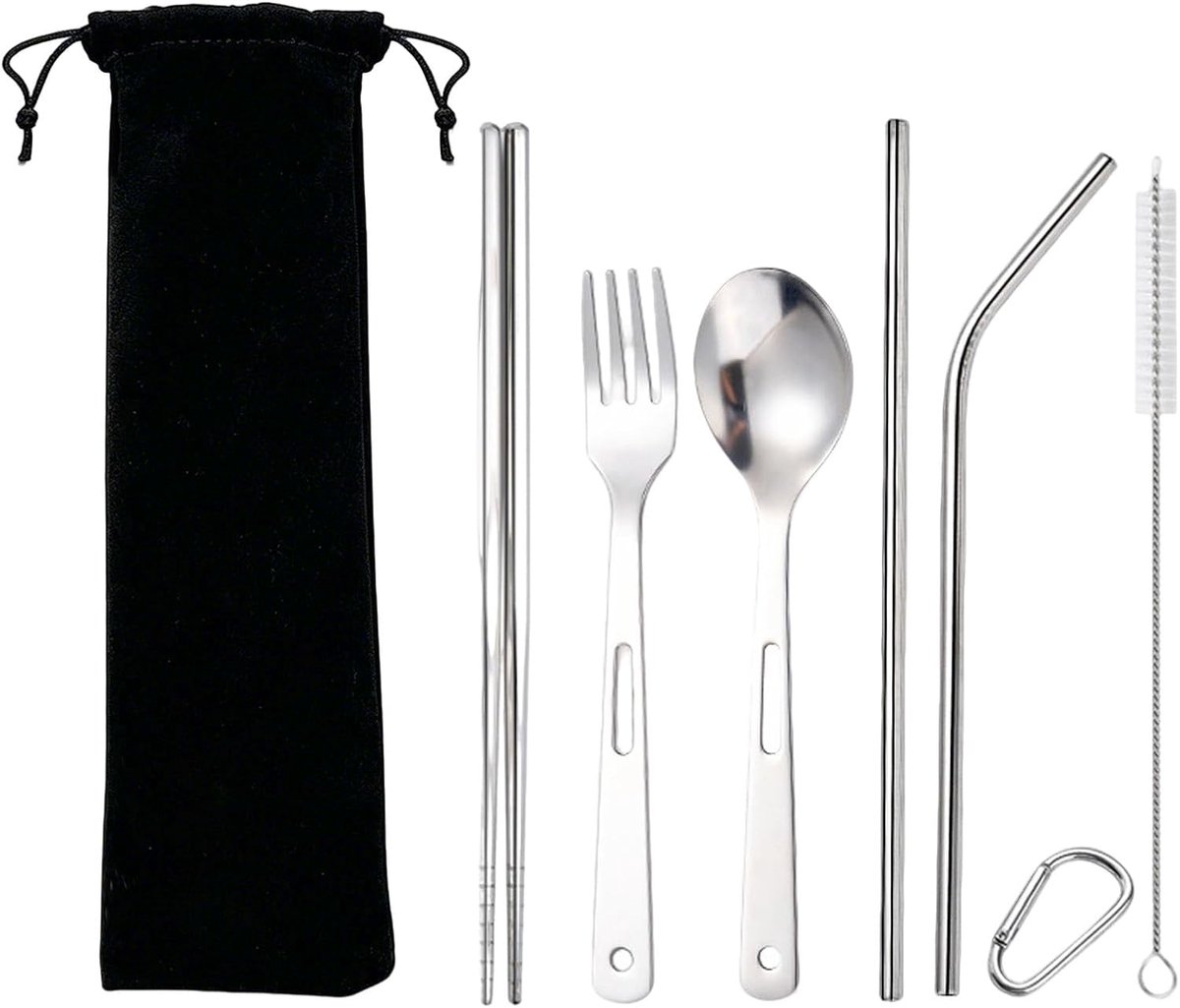 Draagbare campingbestekset 8-delig - 304 roestvrij staal - met eetstokjes en rietjes - ideaal voor picknicks - SnelShoppen