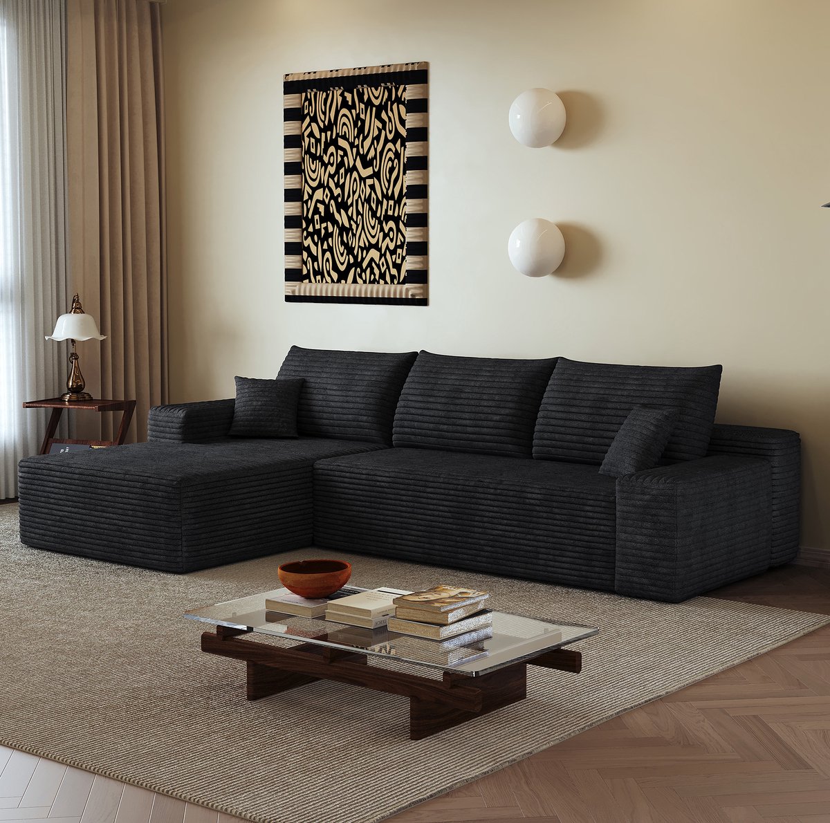 OKWISH Hoekbank 270 Cm – 3-Zits Modulaire Bank Met L-Vormige Chaise Longue – Diepe Zitting Zonder Montage – Corduroy – Zwart