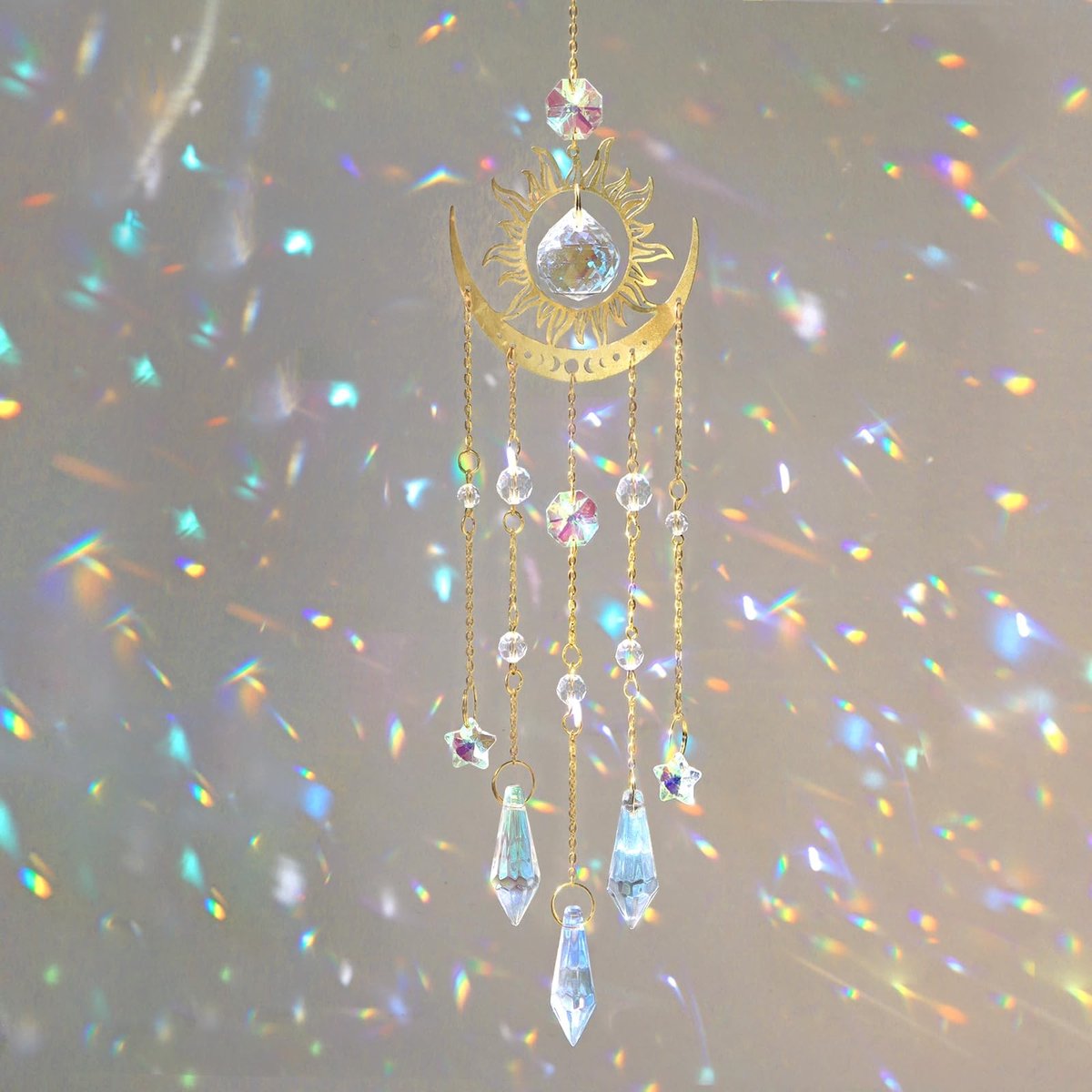 Dailygoods- Zonnevanger Kristal - Hangend Windspel - Decoratie voor Raam/Balkon - Lichtvanger met Regenboog - Boho Stijl - Diverse Kleuren bij Licht