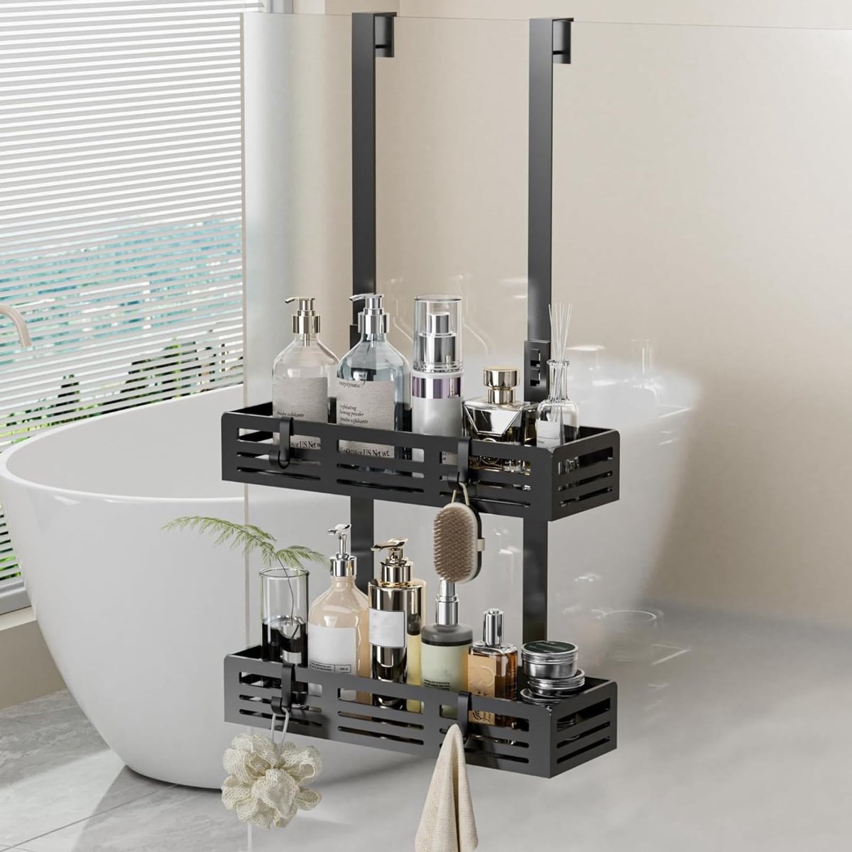 Dailygoods - Hawsam Doucheplank zonder boren met 2 douchemanden en 4 haken - Zwart