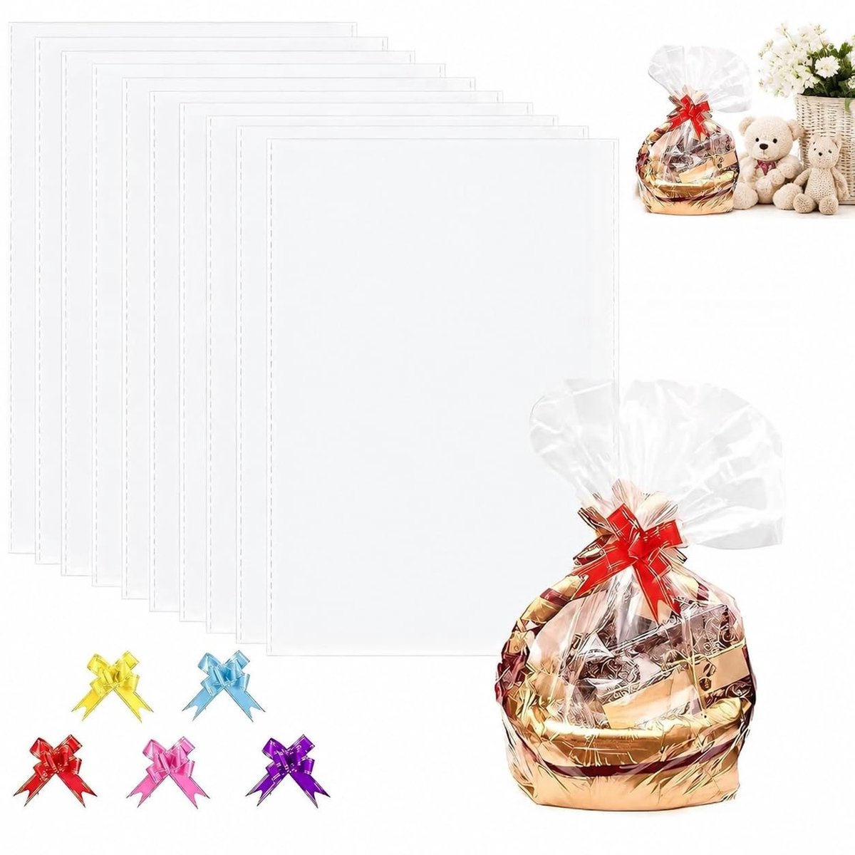 Dailygoods- Cadeaupapier Groot Formaat - Transparant - 10 Stuks - Waterdicht - Herbruikbaar - Inclusief Strik - Scheurbestendig - Cadeauzak