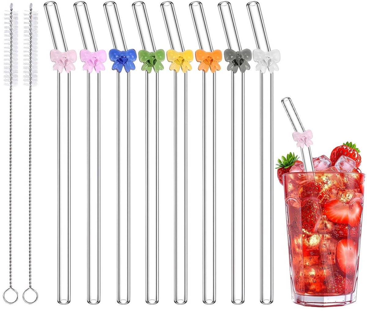 Dailygoods- Glazen Rietjes Set van 8 - Herbruikbare Rietjes - Metalen Reinigingsborstels - Schokbestendig - Handgemaakt Ontwerp - Duurzaam en Milieuvriendelijk