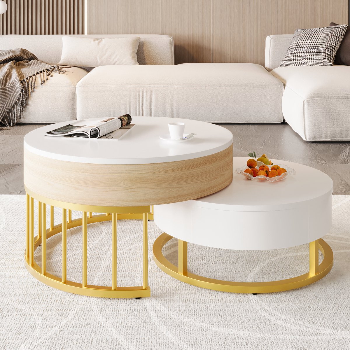 DESMIU Salontafelset - Ronde Nesttafel Met Verstelbaar Blad En Lade - Voor Woonkamer En Kleine Ruimtes - MDF En Metaal - Wit En Goud - 70x70x56 Cm En 60x60x27 Cm Wit + Houtkleur