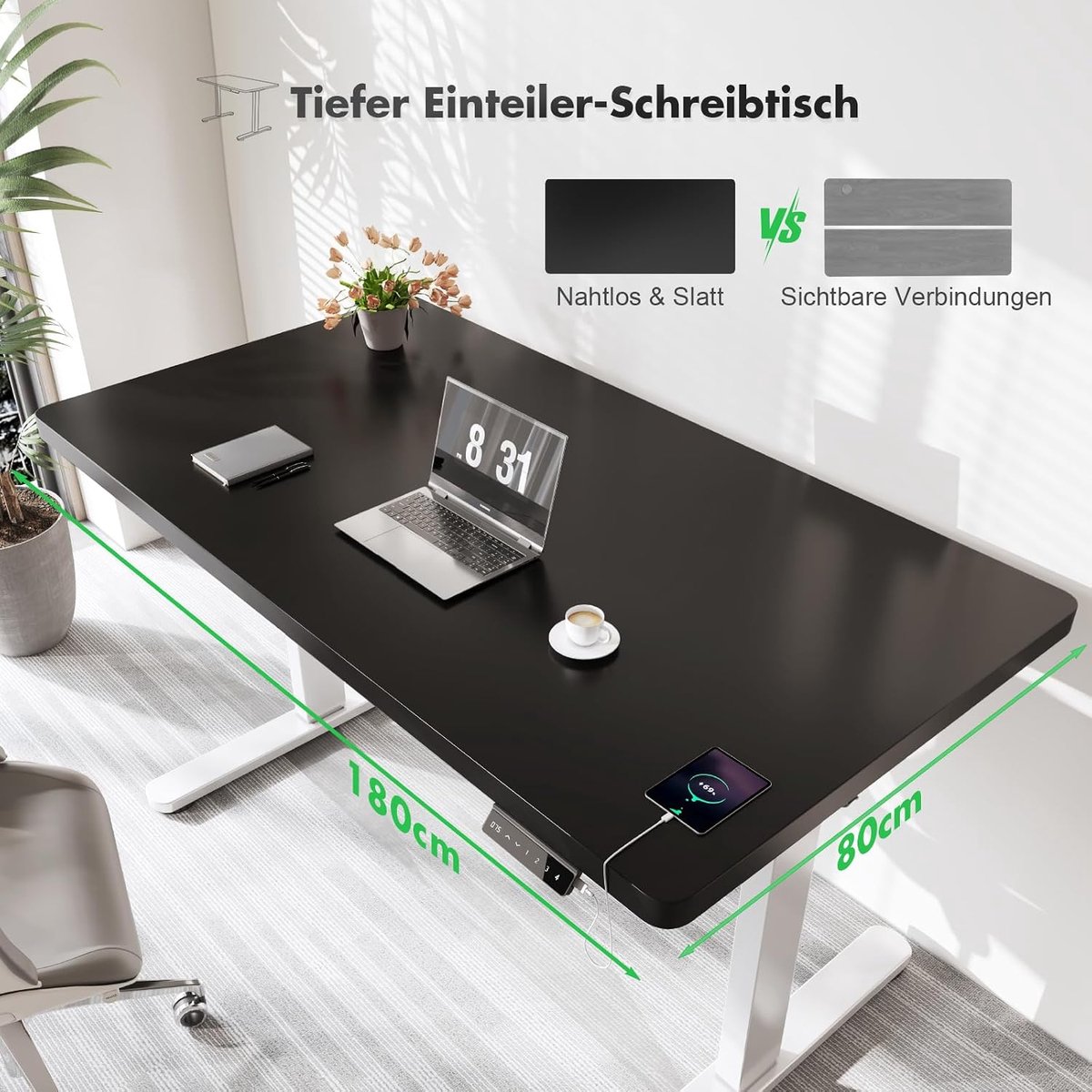 Elektrisch Zit-Sta Bureau 180x80 cm – House&Garden Arctic Pro Verstelbaar Bureau met Geheugenfunctie, Kabelmanagement, Ergonomisch Thuiswerk Bureau, Gaming Bureau, Computerbureau, Zwart Wit