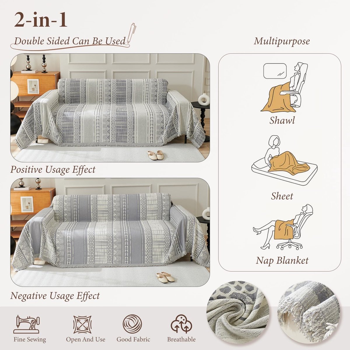 Dailygoods- Bankdeken Omkeerbaar - Chenille - Ademend - Machinewasbaar - Decoratieve Kwastjes - 180 x 230 cm - Deken