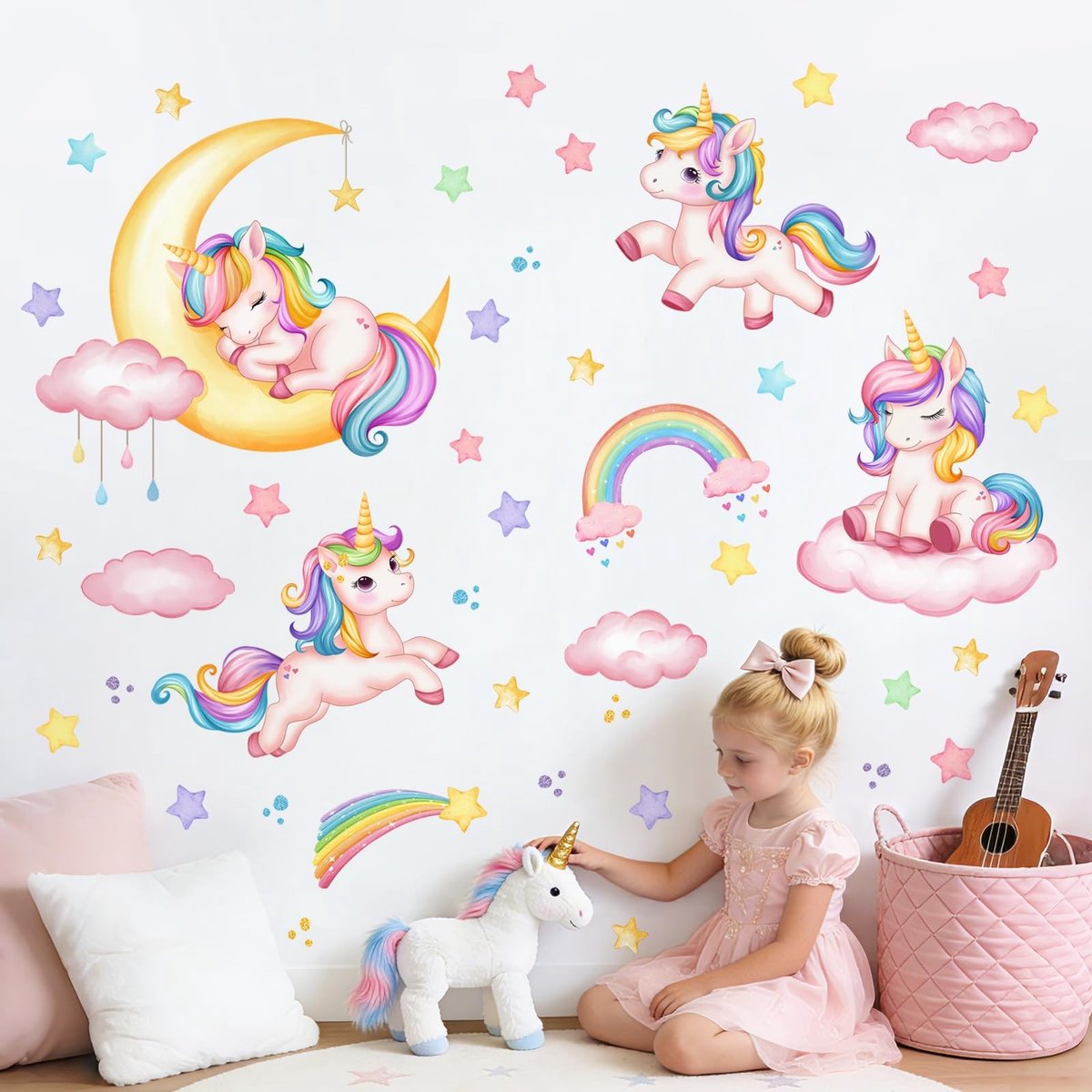 Dailygoods- Muursticker Eenhoorn - Regenboog Muurstickers - Vinyl Wanddecoratie - Kinderkamer Decor - Schattige Sterren - Voor Meisjeskamer