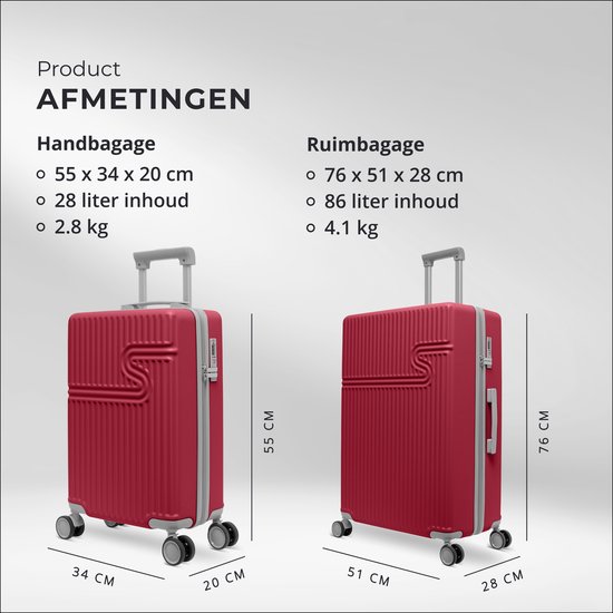 Afmetingen van rode handbagage koffer (55x34x20cm) en ruimbagage koffer (76x51x28cm).