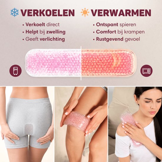 Verkoelende en verwarmende gelpack met roze bolletjes. Helpt bij zwelling, geeft verlichting, ontspant spieren, comfort bij krampen. Toon van gebruik op been, schouder en in ondergoed.