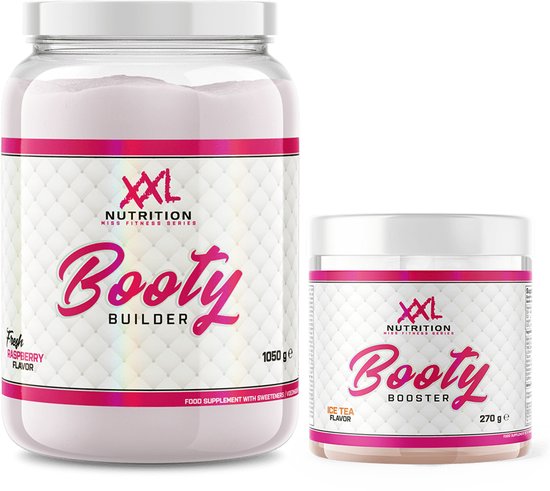 XXL Nutrition, potten Booty Builder frambozensmaak (1050g) en Booty Booster thee-smaak (270g).