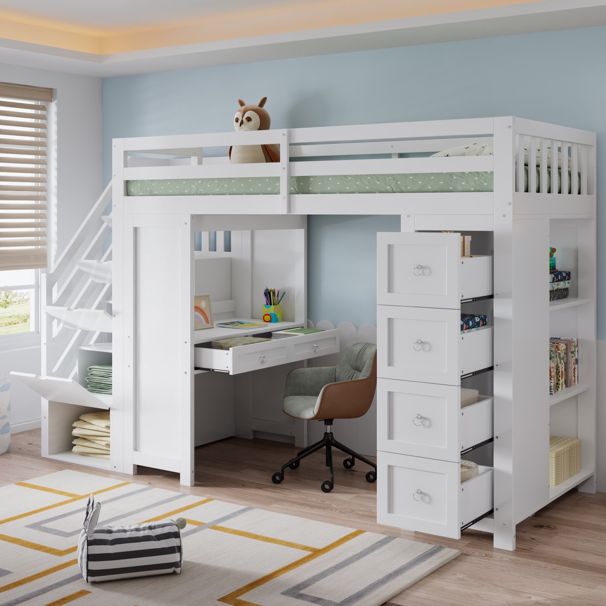 Sweiko Hoogslaper - 90 x 200 cm - Inclusief bureau - opbergrek - 4 lades - MDF + Spaanplaat - Wit