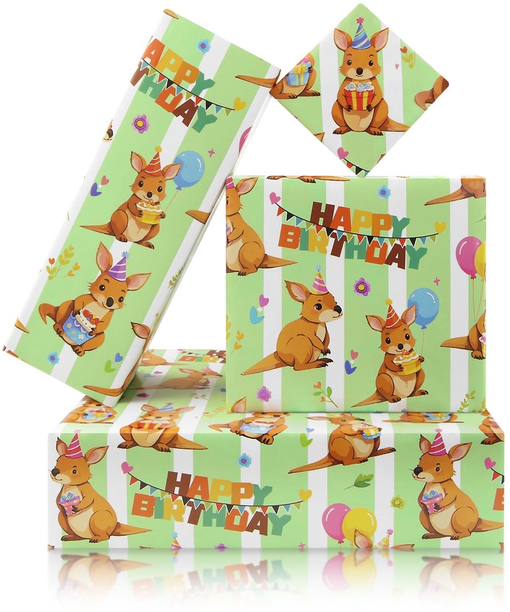 Dailygoods- Cadeaupapier Kangoeroe - 4 Vellen - Verjaardag - Baby Shower - Kerstmis - Knutselprojecten - Duurzaam Papier 50x71 cm - Inpakpapier