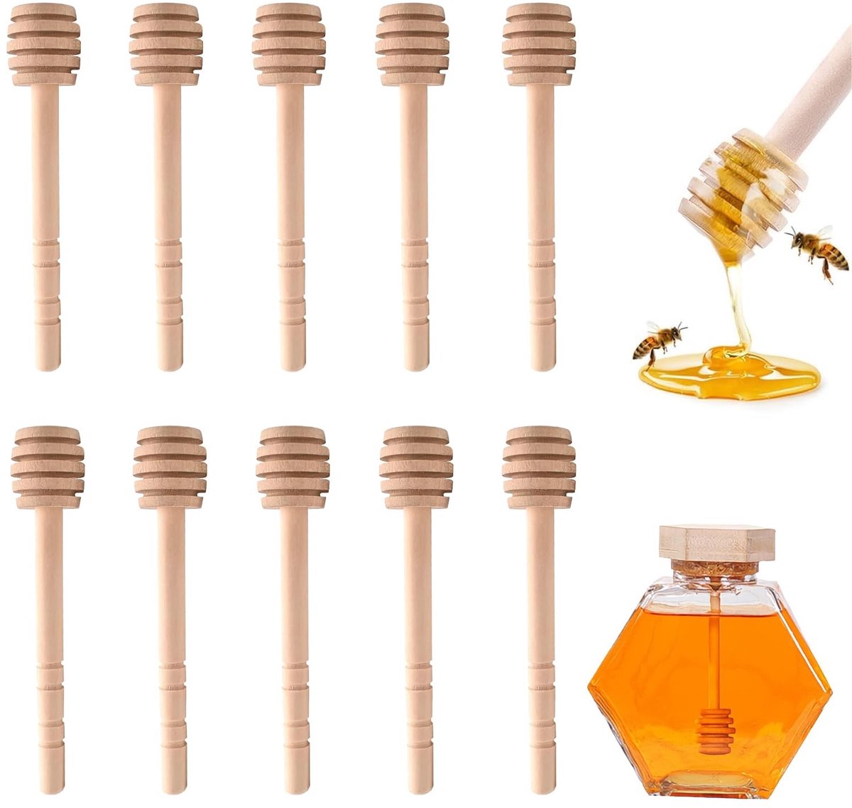 Dailygoods- Honinglepel 10 stuks - Houten Honinglepel - Voedselveilig - Duurzaam - 10 cm - Gemakkelijk schoon te maken - Honingstaaf