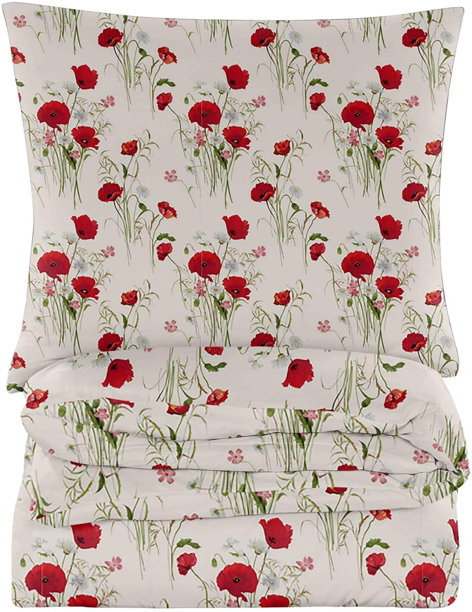 Dailygoods- Beddengoed 155 x 200 cm - Katoenen Dekbedovertrek 155 x 200 cm - 2 Kussenslopen 70 x 80 cm - 3-delige Set - Wit met Klaprozen