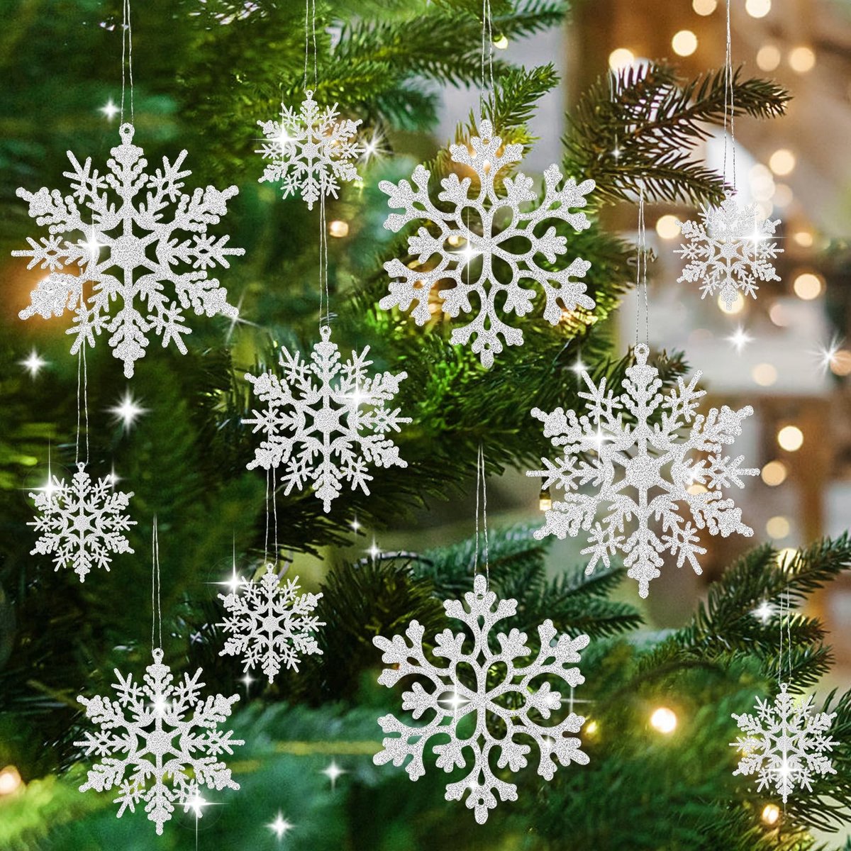 Dailygoods - Kerstboomversiering, sneeuwvlokken, kerstboomversiering, 36 stuks, kerstboomversiering, sneeuwvlokken, hangende ornamenten, kerstboomversiering