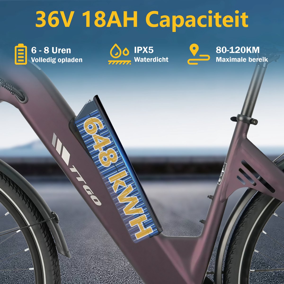 TTGO C3 Elektrische Fiets - 28 Inch E-Bike Stadsfiets - Tot 120 km Actieradius - 648Wh Accu met Hoge Capaciteit - Schijfremmen - Shimano 7 Versnellingen - Aluminium Frame - Maximaal Draagvermogen 125 kg - Paars – foto 6