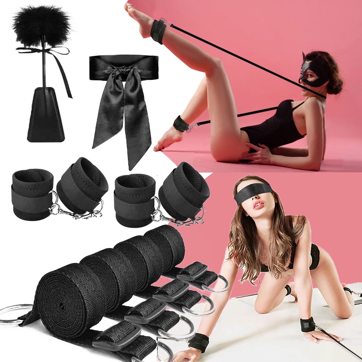 Bondage Set - BDSM - Sex Toys voor Koppels - TENZHVXI® - Set van 10 - Enkelbanden en handboeien, blinddoeken - Verstelbaar - Plezier voor stellen - Zwart