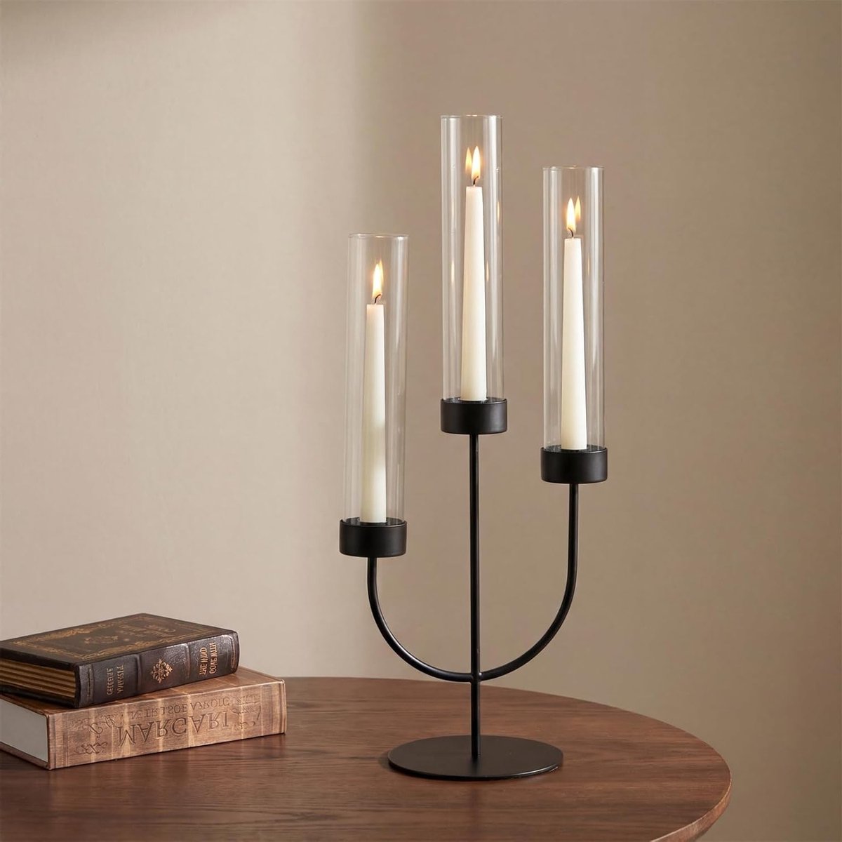 Elegante Zwarte Kandelaar met 3 Armen en Glazen Scherm voor Eettafel - Gothic Metalen Kaar