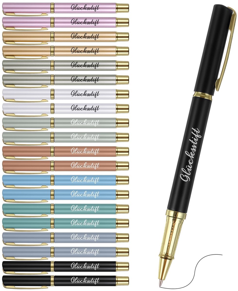 Dailygoods- Gelukspennen Set van 20 - Elegante Metalen Balpennen - Zwarte Inkt - Praktische Clip - Geschikt voor Cadeau - Motiverende Inscriptie - Balpen