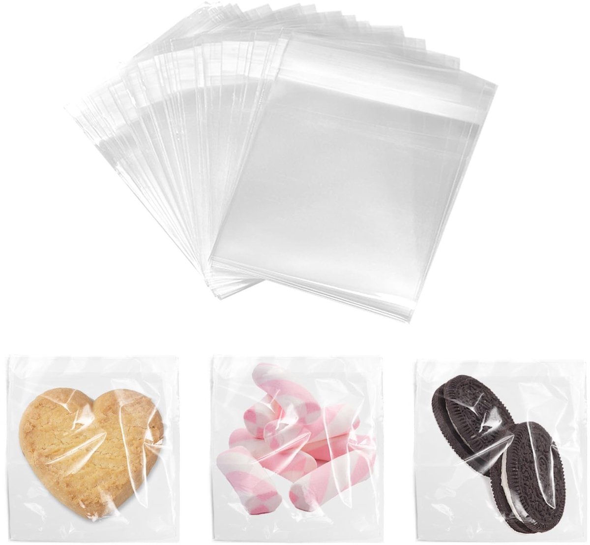 Dailygoods- Koekjeszakjes 100 stuks - Doorzichtige Cellofaanzakjes - Zelfklevende Snoepzakjes - Transparante Zakjes voor Sieraden - Ideaal voor Desserts - Afmeting 7x7cm