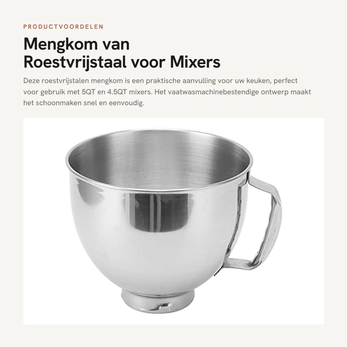 Dailygoods- Mengkom Roestvrij Staal - Handvat - Vaatwasmachinebestendig - Compatibel met 4.5QT/5QT Mixers - Hygiënisch - Robuuste Constructie - Keukenkom