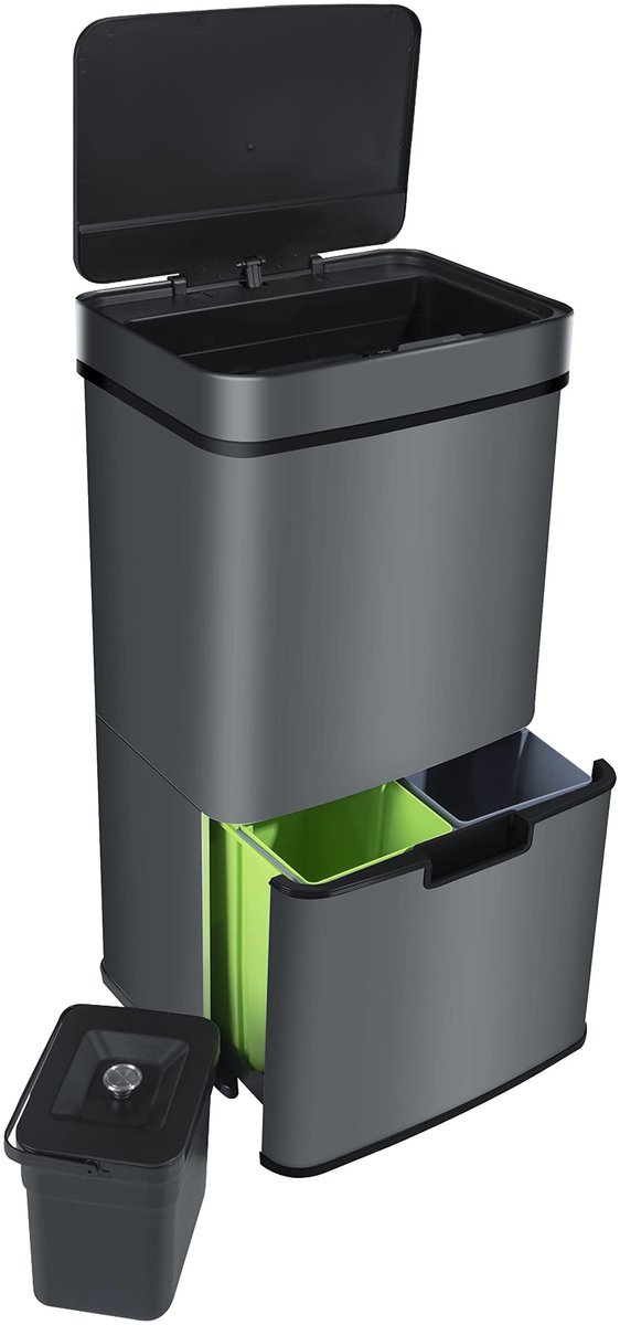 Dailygoods- Vuilnisbak Automatisch - 72 Liter - 4 Compartimenten - Roestvrij Staal - Afvalscheiding - Hoogwaardige Kunststoffen - Afvalemmer