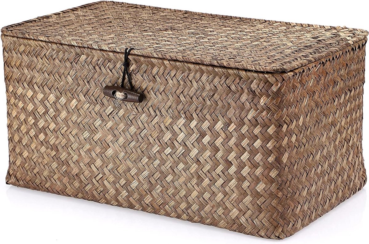 Opbergmand van zeegras met deksel - Vierkante decoratieve organizer voor badkamer, bureau en multifunctioneel gebruik